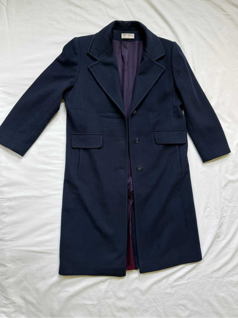 Vintage Navy Wool Blend Longline Overcoat Purple Lining Womens 11/12 Petite